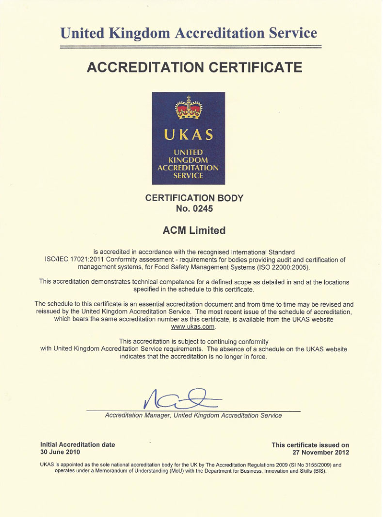 ISO22000认证UKAS认可证书