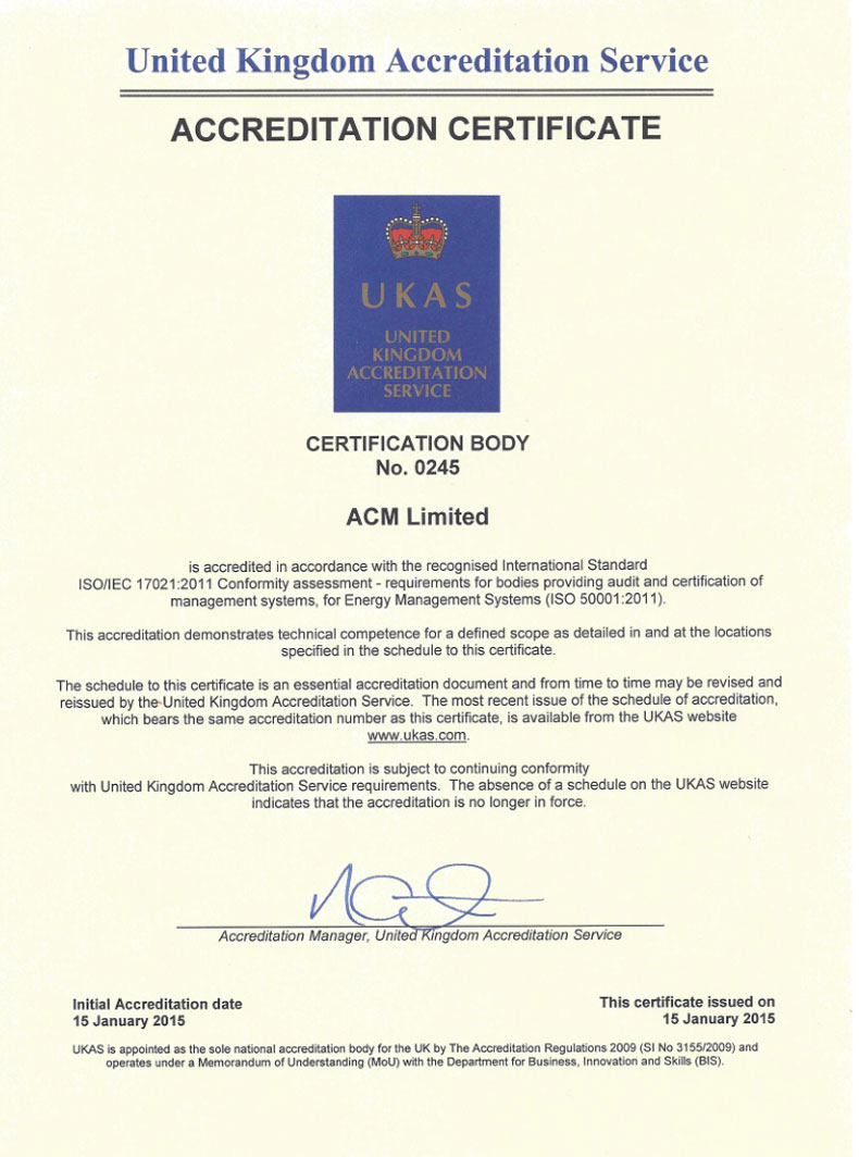 ISO50001认证UKAS认可证书